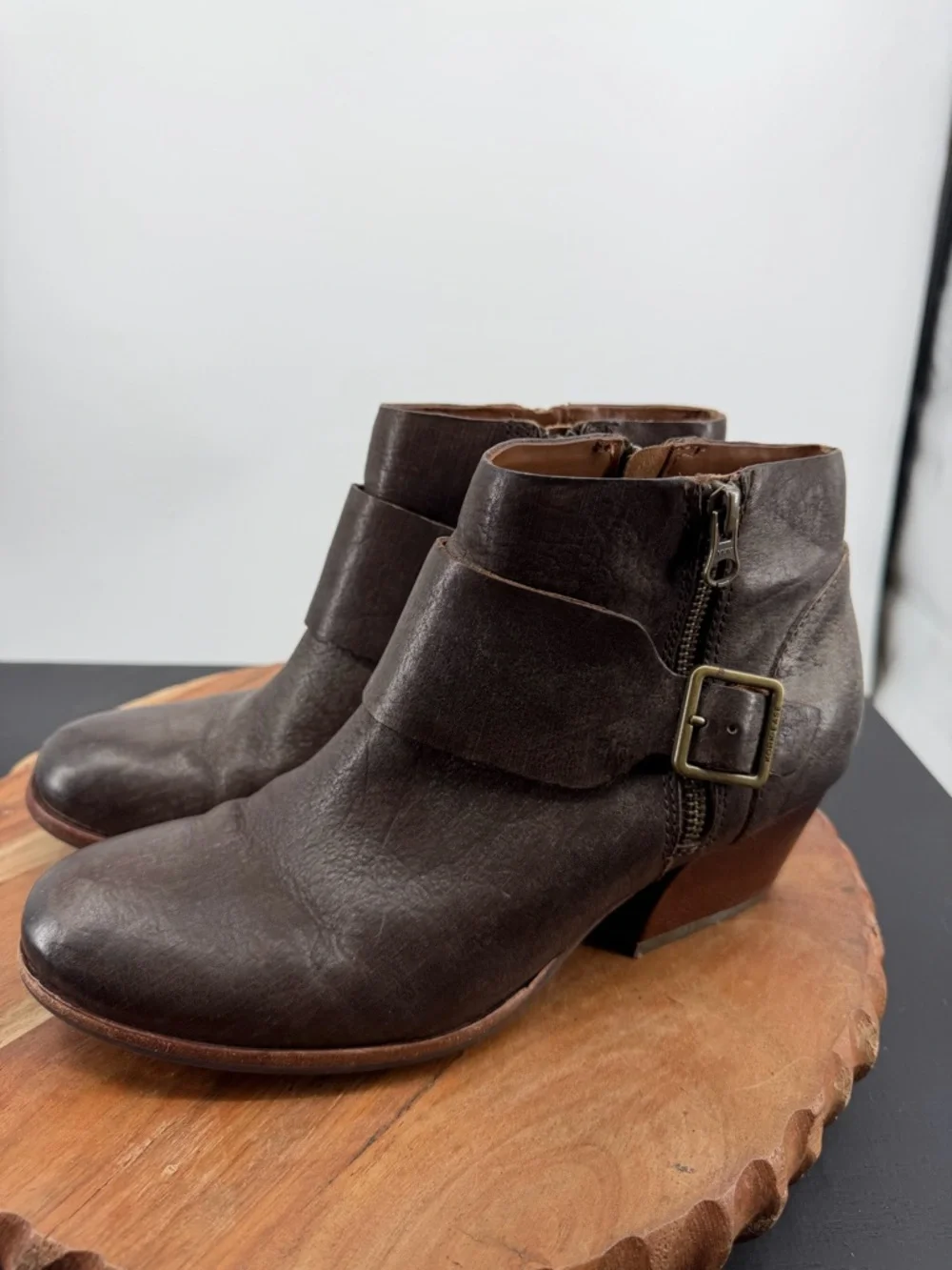 Kork-Ease Isa dark brown leather ankle booties buckle strap detail 10